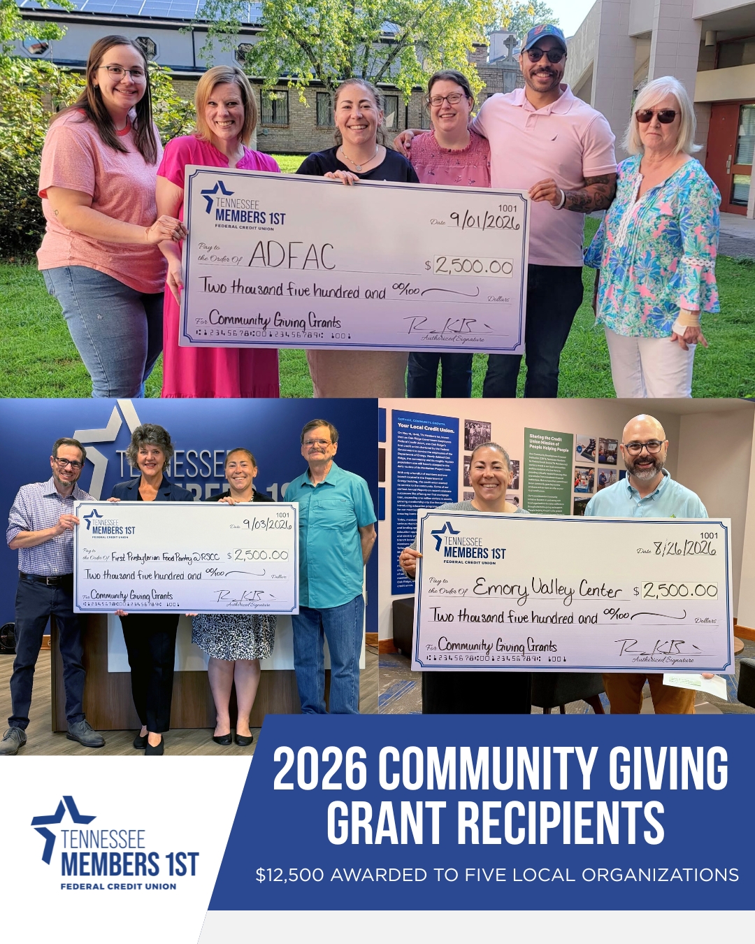 Image showing three of the five Community Giving Grant Recipients posing with Richelle Ballenger from the credit union and a large check.